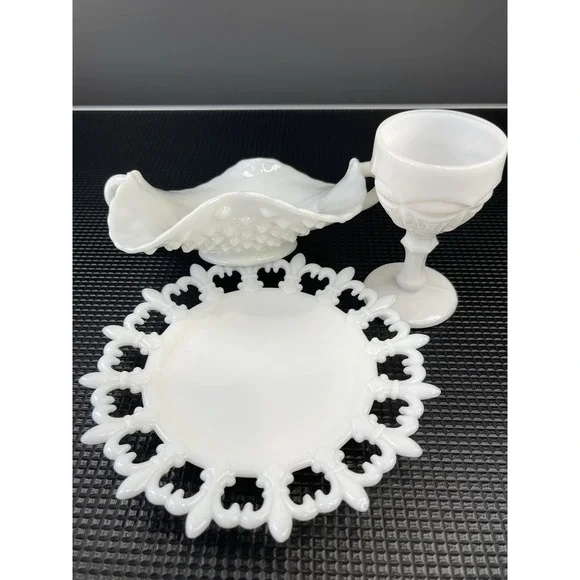 Milk Glass Fenton Hobnail‎ Candy Dish, Reticulated Plate & Goblet Set Of 3 - Picture 11 of 11
